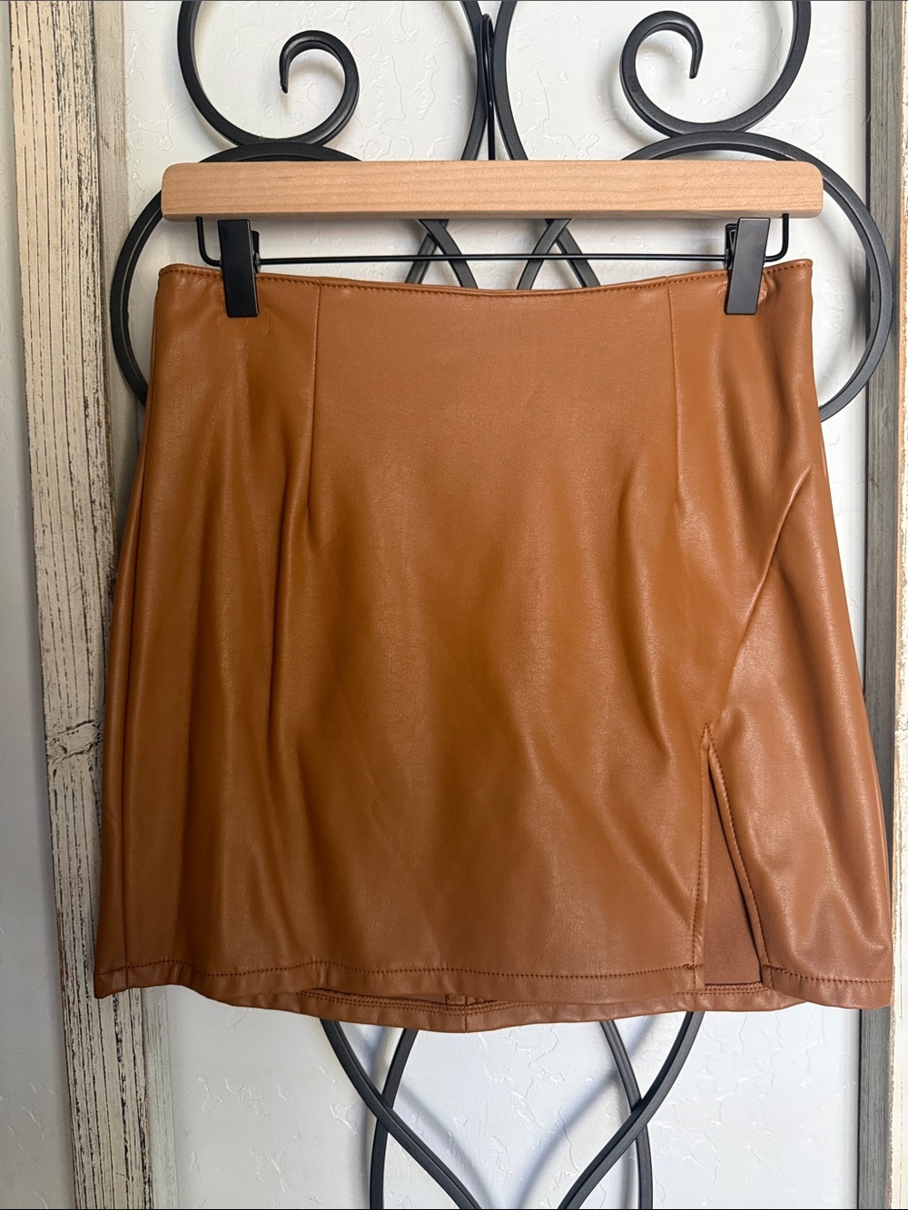 Rewash Faux Leather Mini Skirt in Cognac Brown | Size Small